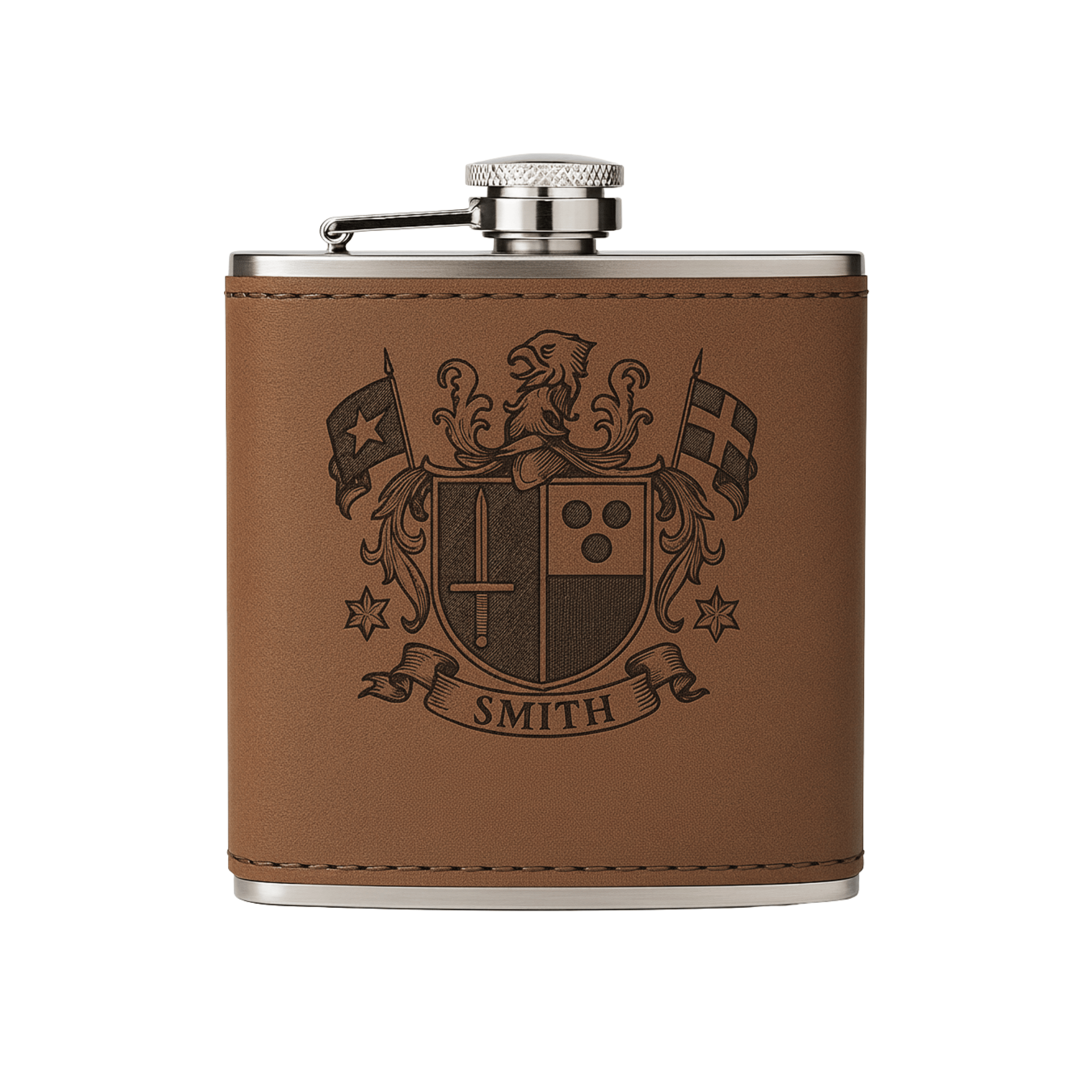 Engraved Leather Hip Flask Crest